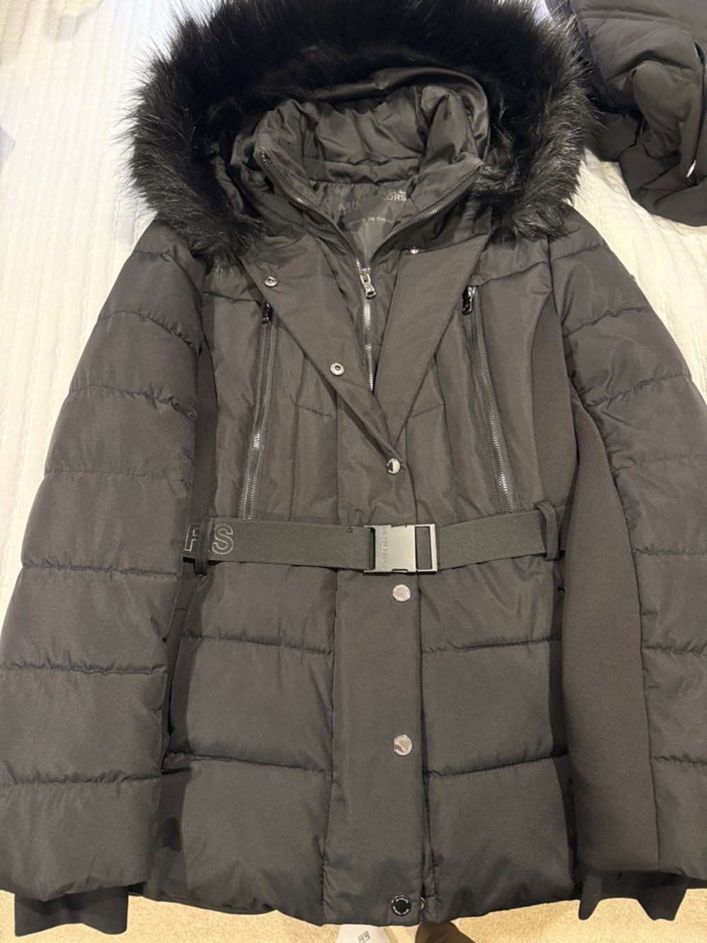 Black Quilted Belted Puffer Coat with Faux Fur Hood